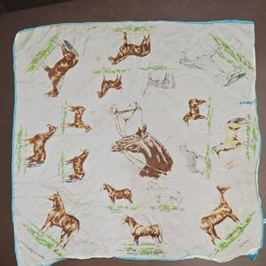 VINTAGE Japanese Rayon Equestrian Print Scarf 27" Square 1950s Horses